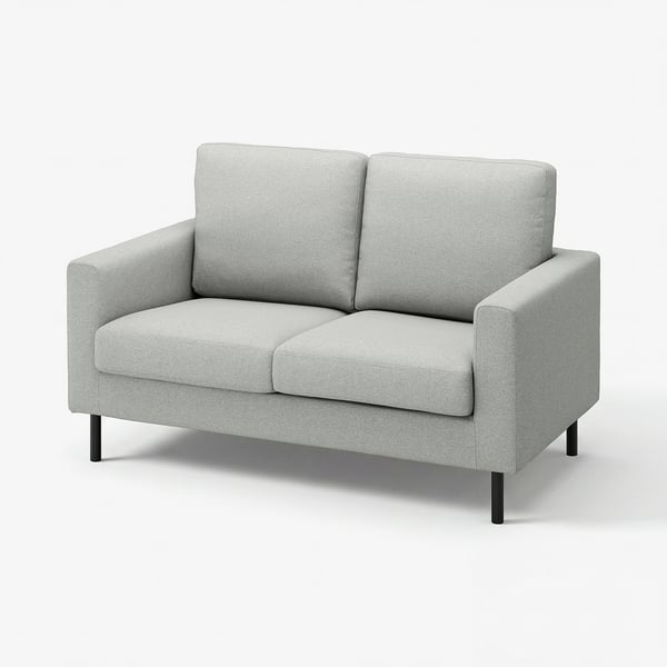 Modern grey fabric loveseat with boxy design and wooden legs.