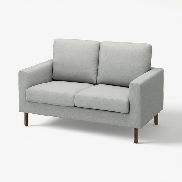 Modern light grey sofa, two cushions, wooden legs, clean minimalist design.