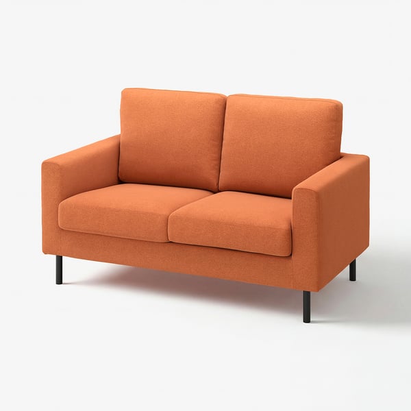 Bright orange small sofa with square cushions and black legs.