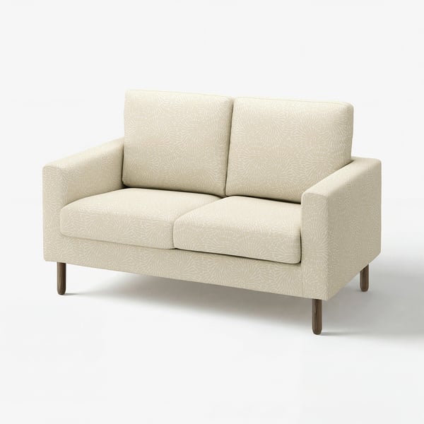 Beige patterned loveseat, modern design with wooden legs, supportive cushions, 100% cotton cover.