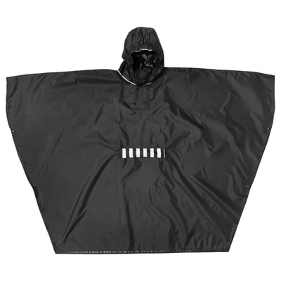 Black SALTSTEN poncho, large with hood, front pocket, folds into pocket, made of polyurethane and polyester.