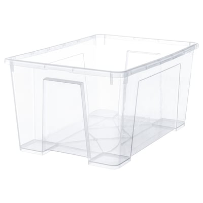 A clear plastic storage box named SAMLA. Its rectangular, transparent, and made of polypropylene plastic. Ideal for storing various items.