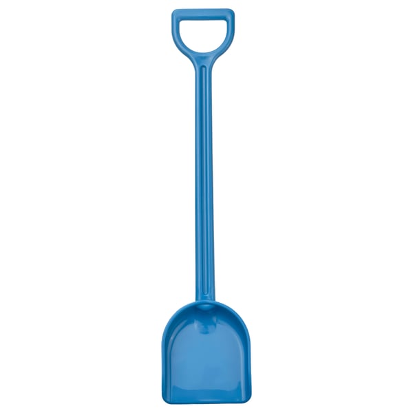 Blue kids beach spade, wide scoop, ergonomic grip.