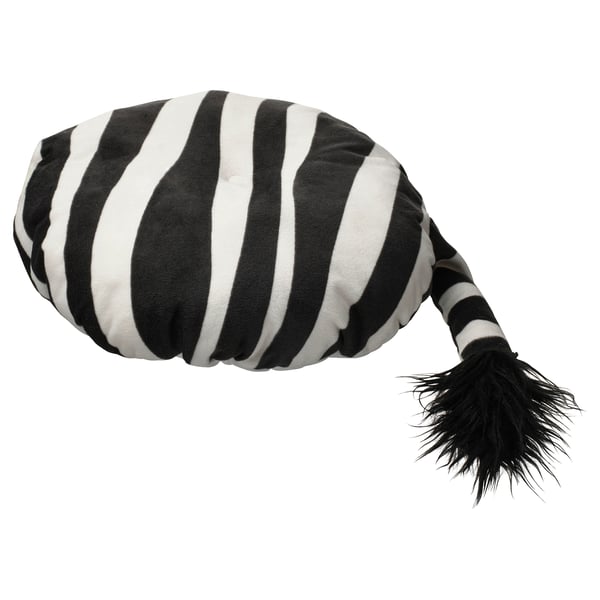 A zebra-shaped pillow named SANDLÖPARE. It is black and white, soft, and designed to fit on stools.