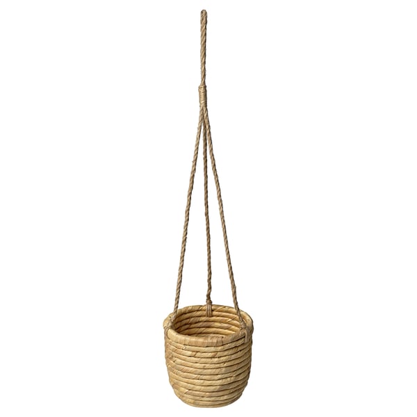 Natural SANDÖDLA hanging basket. Circular design with sedge and water hyacinth. Hangs via jute ropes.