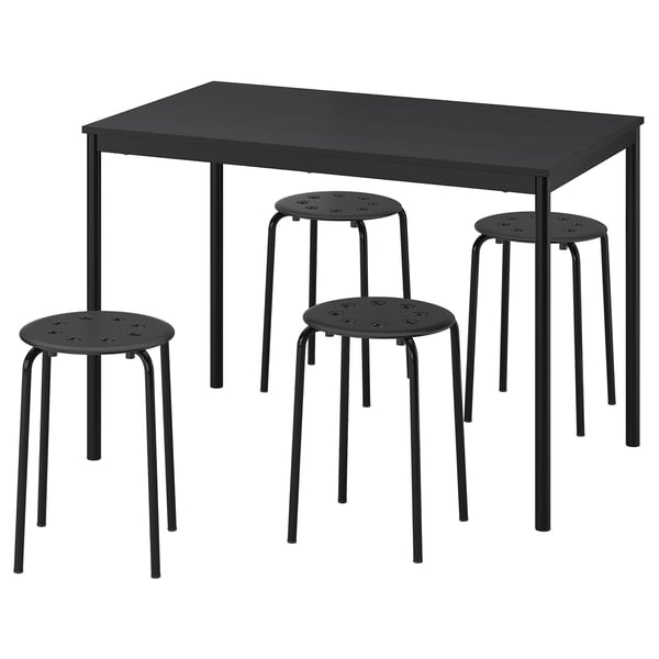 A black sandberg dining set featuring a rectangular table and three round stools with metal legs and perforated seats.