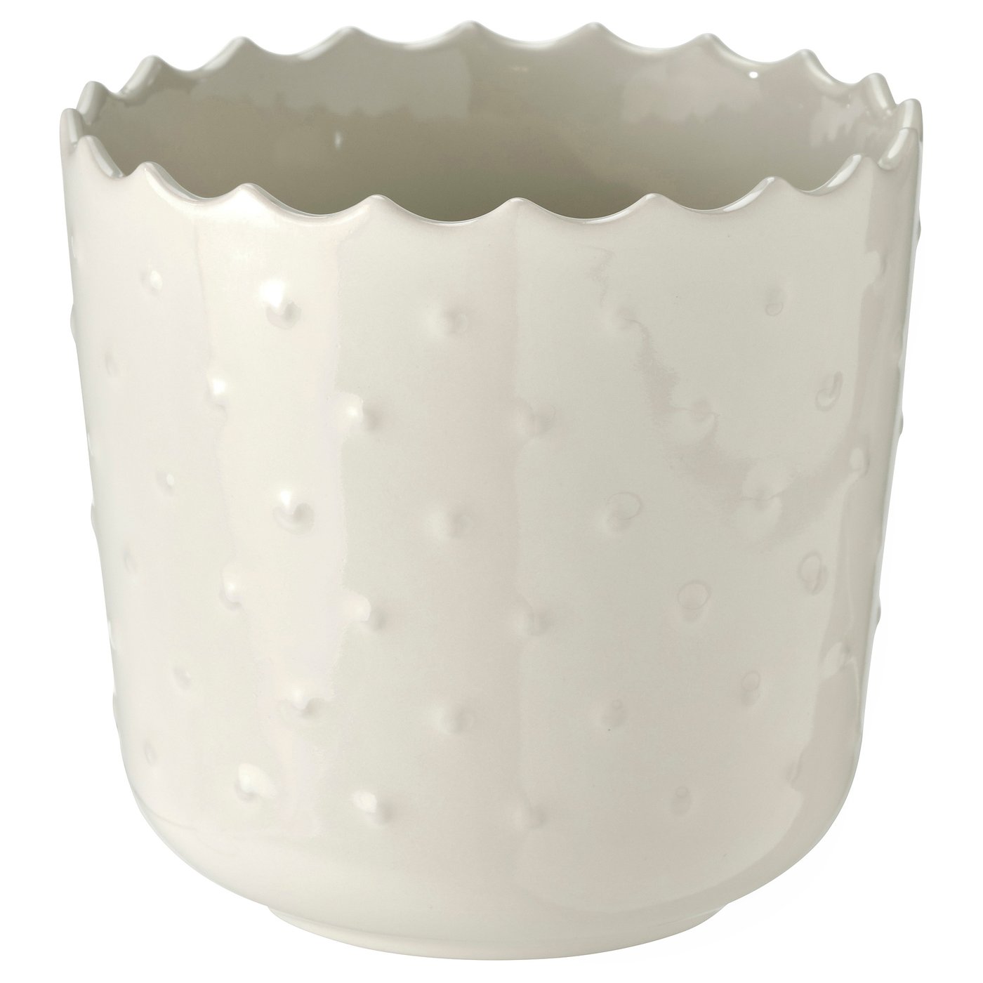 SESAMFRÖN white ceramic planter, textured dots, scalloped rim.