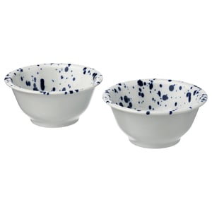 Two white bowls with blue splatter paint, round, ceramic.