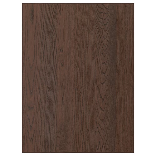 Dark wood-toned SINARP oak veneer cabinet door with solid wood edging.