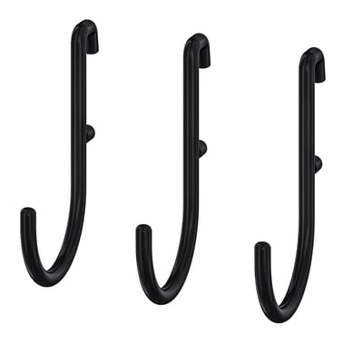 Three black, j-shaped hooks, ideal for organising items on a pegboard.