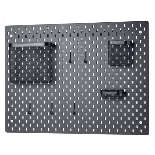 SKÅDIS pegboard, black, rectangular, with mesh pockets and hooks for wall organisation.