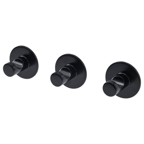 Three black circular wall hooks, modern design.
