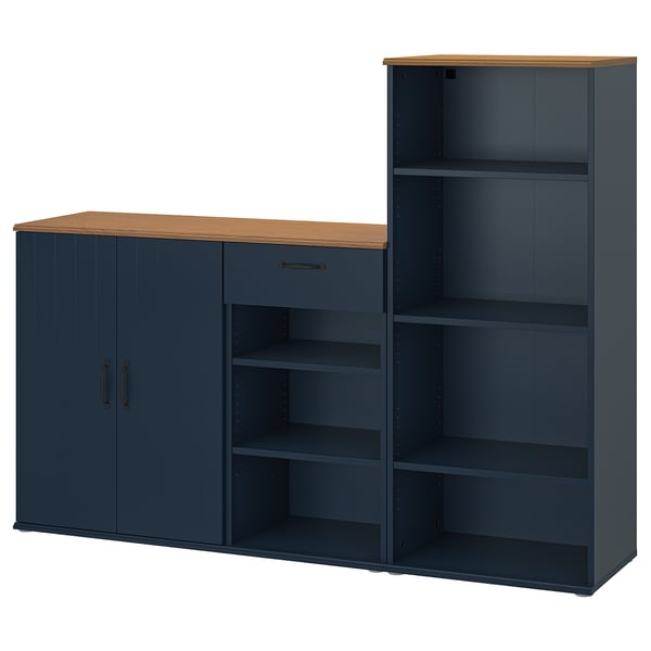 Blue SKRUVBY set: wide sideboard, tall cabinet. Wood tops, dark handles.