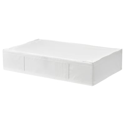A white SKUBB storage case made of recycled polyester, designed for storing clothes or bedding, with handles for easy access.
