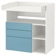 White & blue ikea SMÅSTAD baby changing table with 3 drawers & shelf.