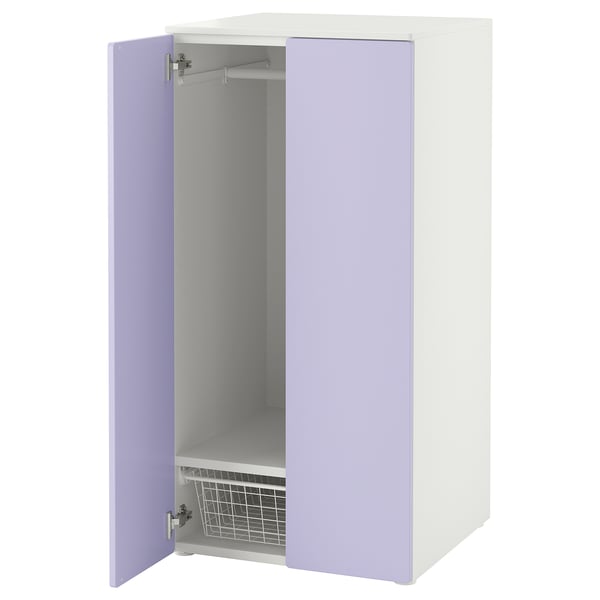 A white and lavender SMÅSTAD wardrobe. Its designed for children, featuring adjustable shelves, a hanging rod, and soft-closing doors.