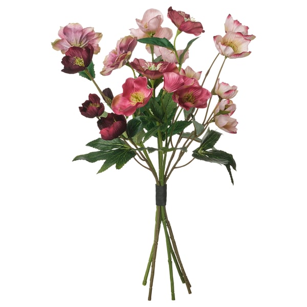 SMYCKA bouquet: pink-purple flowers, green leaves, recycled materials.