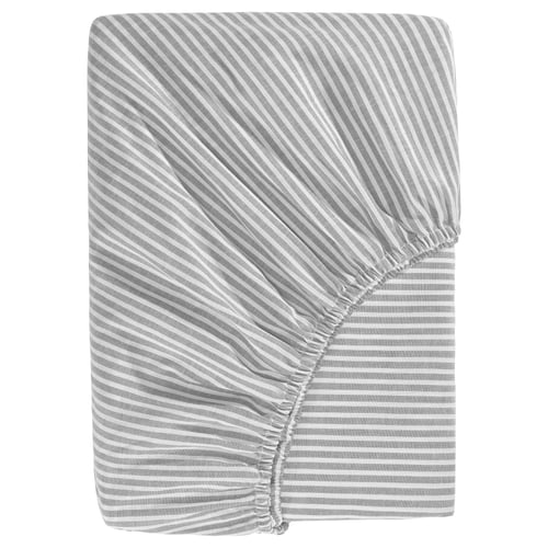 A grey striped fitted sheet named SOLFIBBLA, made from 100% cotton with elastic edges.