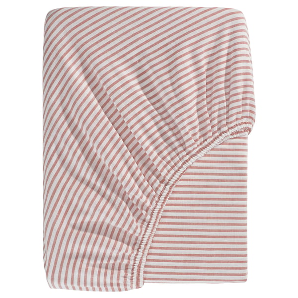 Folded red and white striped cotton bed sheet.