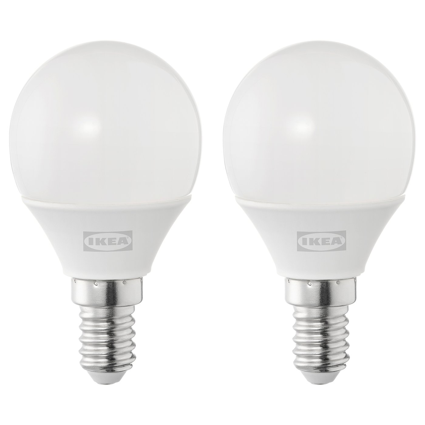 Two round, white led light bulbs by IKEA, made of durable plastic, standing upright on a white background.