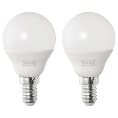 Two ikea SOLHETTA warm-white led bulbs, round, silver base.