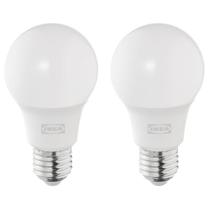 Two ikea SOLHETTA white globe led bulbs, round shape, silver base.