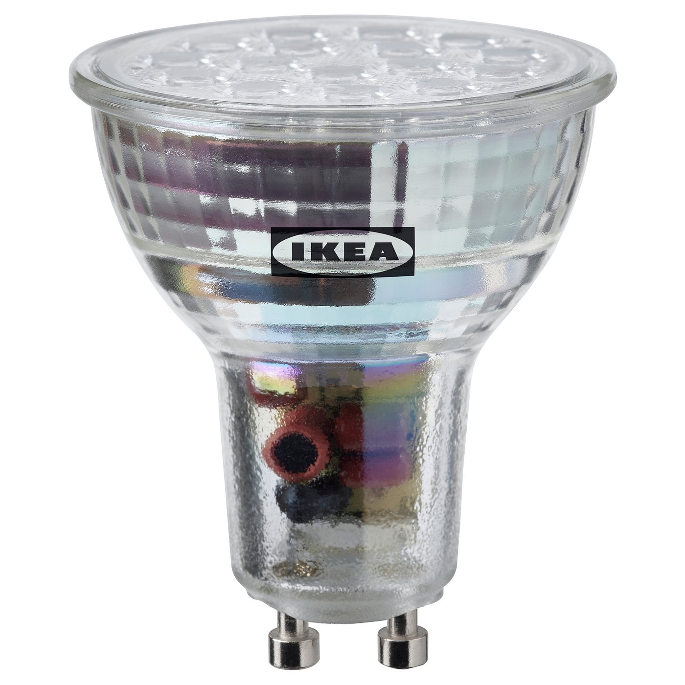 IKEAs SOLHETTA led light bulb, warm-white, small, round, plastic. Dimmer-compatible, long-lasting, energy-efficient.
