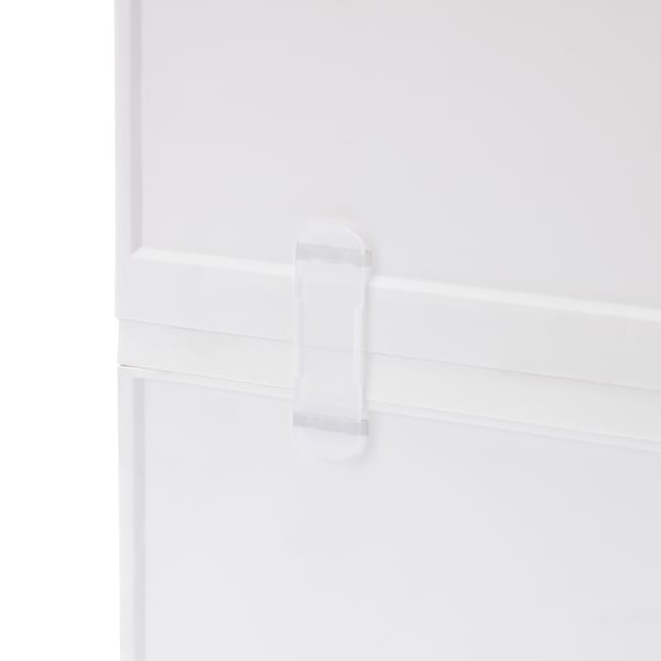 Clear plastic storage unit corner, showing durable, transparent material and sturdy connector.