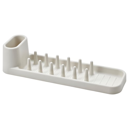 White STÄMLING dish drainer with pegs and cup holder, recycled polypropylene.