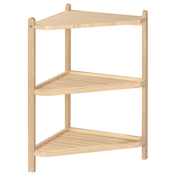 A STEGESUND wooden corner shelf in natural colour, made of bamboo. It two levels for storage with a rectangular and slightly curved design.