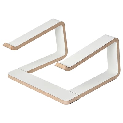 Modern white wooden laptop stand with sleek design for better posture and cooling.