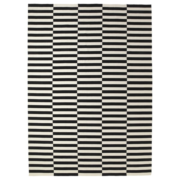 Black and white striped rug, handwoven wool, rectangular, STOCKHOLM.
