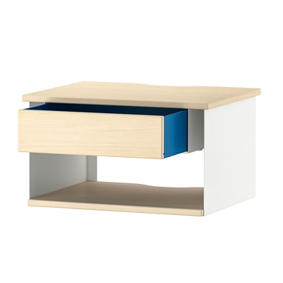 Modern wall-mounted bedside table, light wood, open storage, single blue drawer, metal accents.