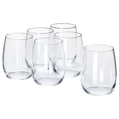 Six clear, crystal-like glasses arranged neatly, suitable for serving drinks, with a sleek, simple design.