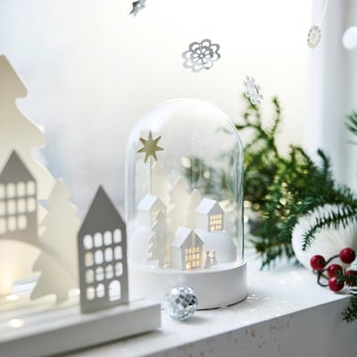 STRÅLA LED table decoration, battery-operated dome/village white, 18 cm