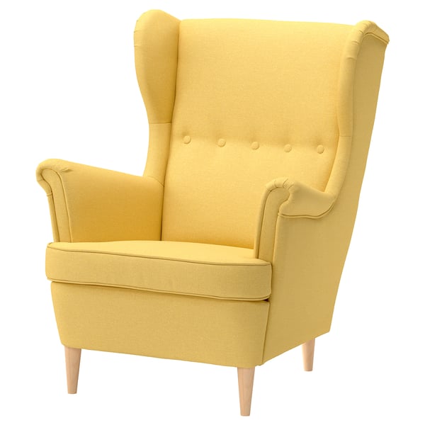 A yellow STRANDMON wingback chair with wooden legs and fabric upholstery.
