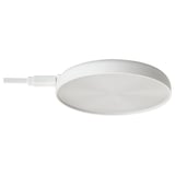STRIMSÄV, a white, circular led spotlight. It has a sleek, flat design with a cable attached for power. Ideal for cabinet lighting.
