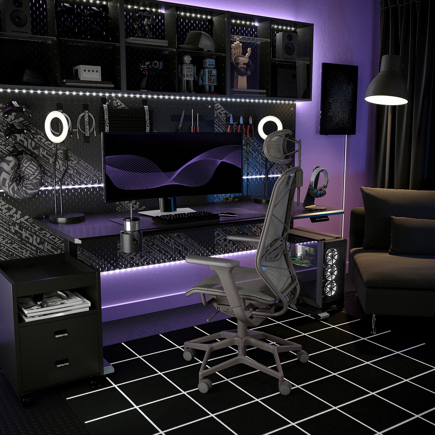 Modern gaming setup with styrspeel chair, dual monitors, rgb lighting, and headphones. Black and grey tones with purple accents, perfect for gaming.