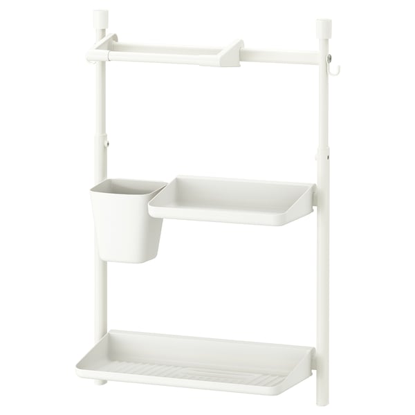 White SUNNERSTA storage rack with shelves and hanging bar for bathroom or kitchen use.