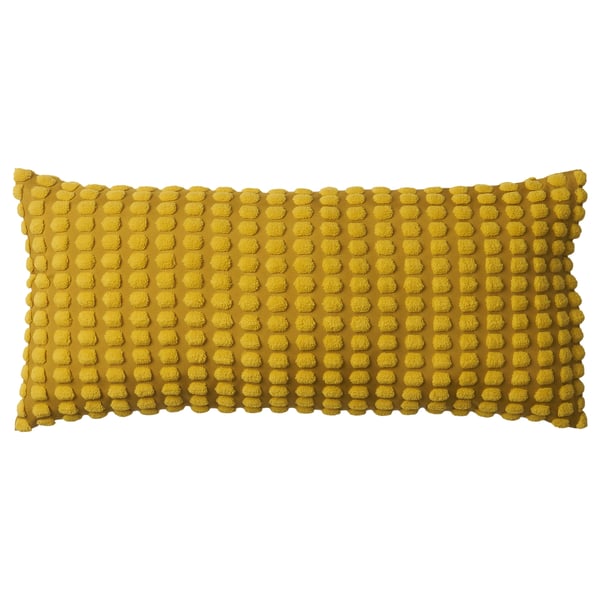 SVARTPOPPEL, yellow cushion, round pattern, soft textured, rectangular shape.