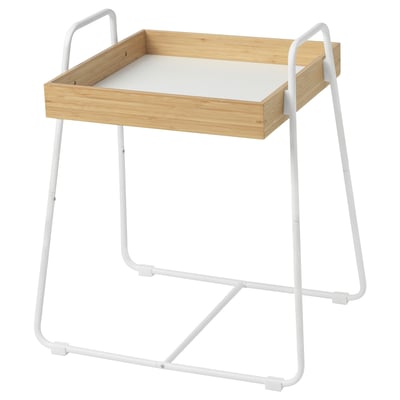 A SVENARUM side table with a light wood tray top and white metal frame, featuring high edges for stability.
