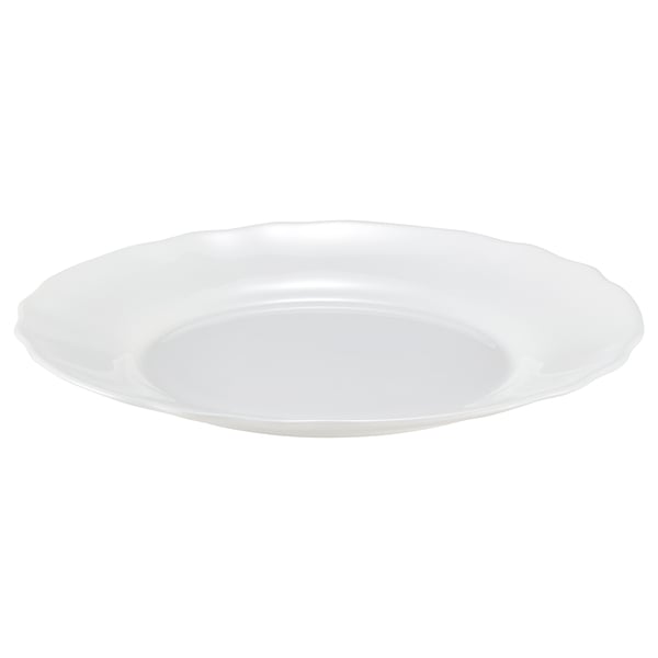 SVENSKMÅLLA white glass plate, elegant wavy edge, tempered opal glass, round shape.