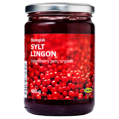 A jar of SYLT LINGON organic lingonberry jam by IKEA, 400g. Bright red label, white text, metal lid.