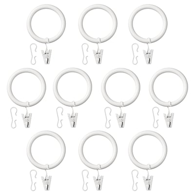 Image shows 12 white SYRLIG curtain rings with clips or hooks, arranged in rows.