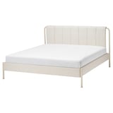 Minimalist white bed, modern design with beige striped headboard, metal frame, clean lines.