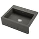 TALLSJÖN dark grey quartz sink, deep single bowl, apron front, stainless drain, modern farmhouse style.