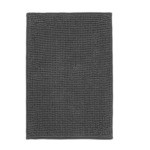 A dark grey TOFTBO bath mat. Its rectangular, soft, and textured, made from recycled polyester.