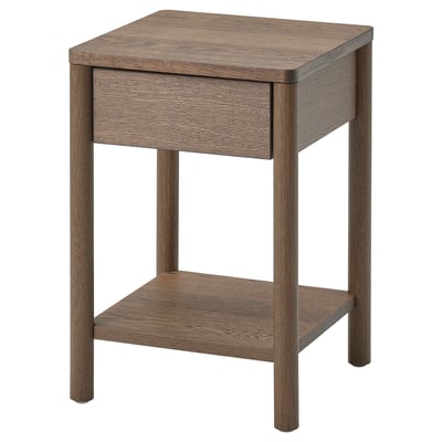 TONSTAD brown wooden bedside table with drawer and shelf.