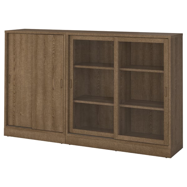 TONSTAD wooden bookshelf with sliding doors, dark brown, rectangular, mixed open and closed storage.