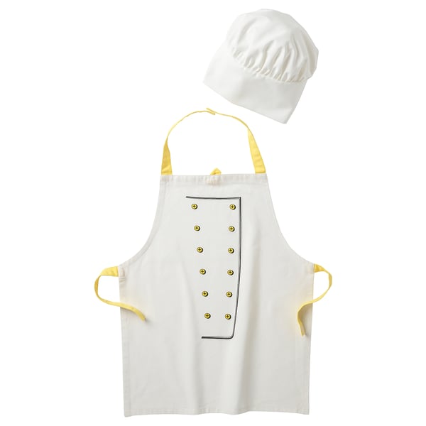 White chefs hat and apron set with yellow straps. Made of polyester, designed for kids.